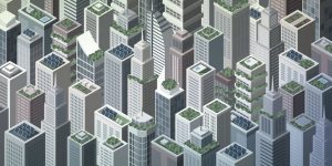 Isometric view of a city with several green roofs